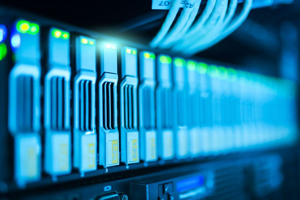 Close-up of server rack with cables